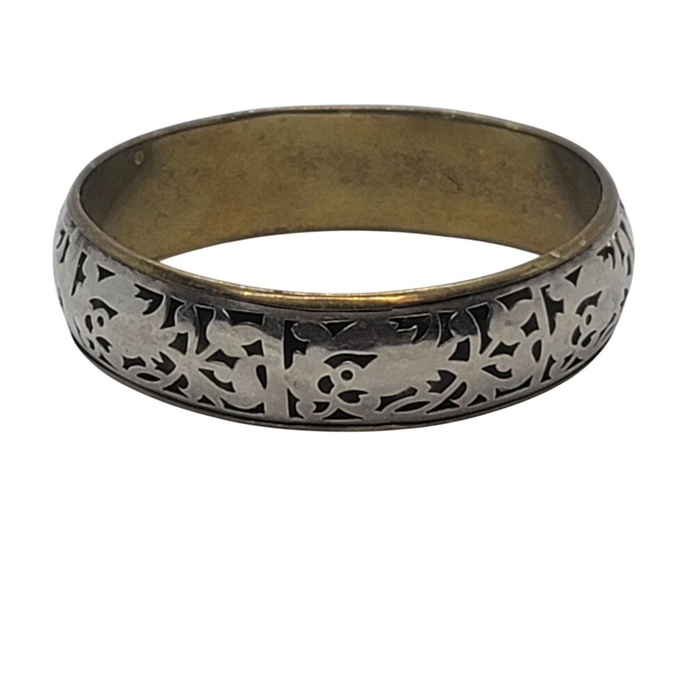 Vintage Brass & Silver-Tone Floral Etched Bangle Bracelet